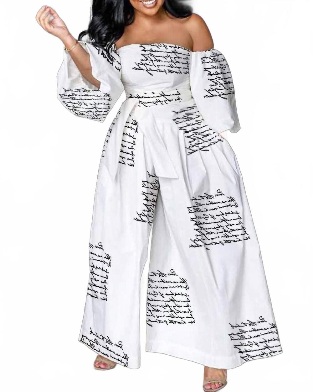 NEW FLARIX CORP off shoulder lantern sleeve wide leg jumpsuit in white multi